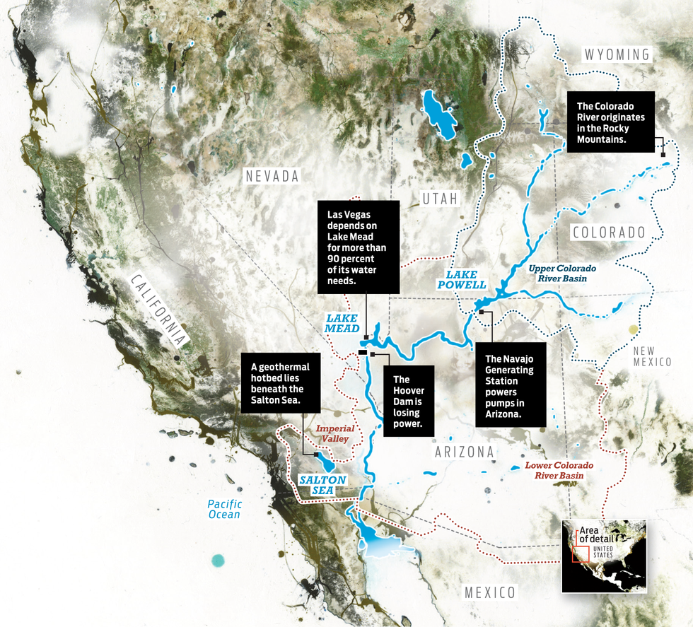 A map of the Colorado river with callouts.  