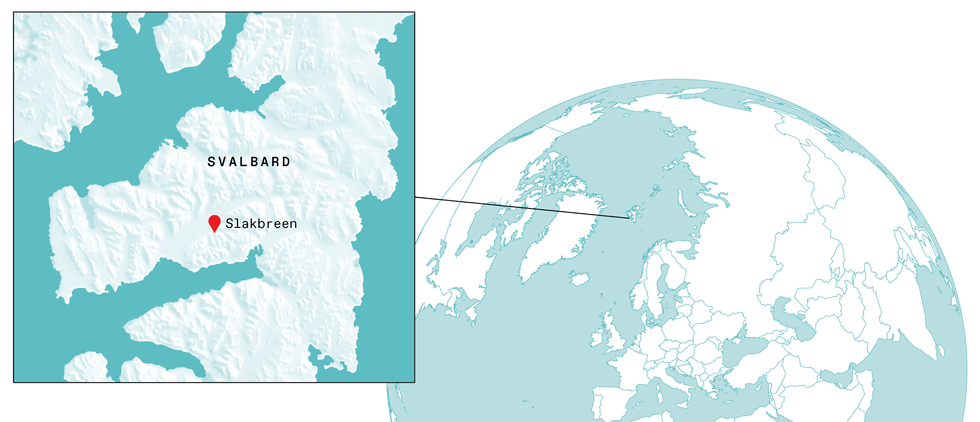 A map of the Svalbard region of Norway, with the Slakbreen glacier indicated in red, connected to a globe showing its location in relation to Norway and Greenland
