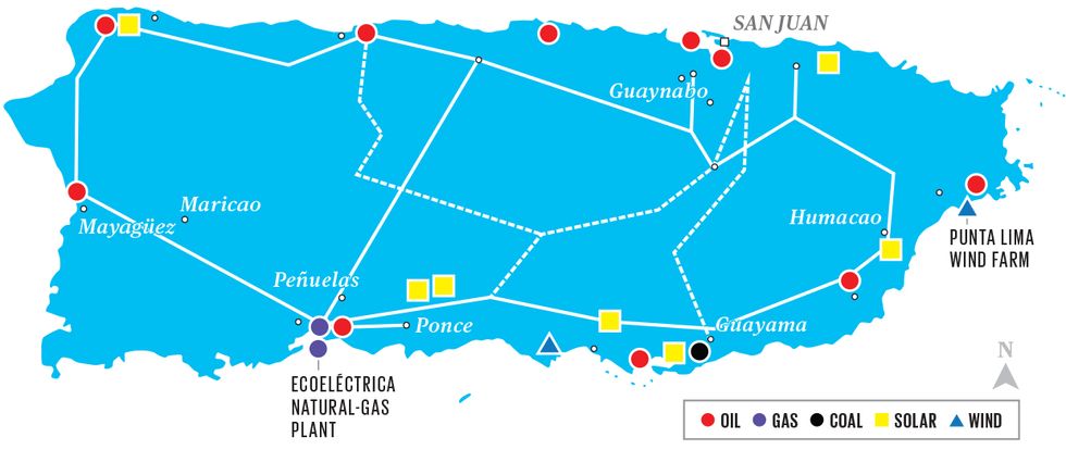 A map showing parts of Puerto Rico\u2019s 230-kilovolt and 115-kV transmission networks.
