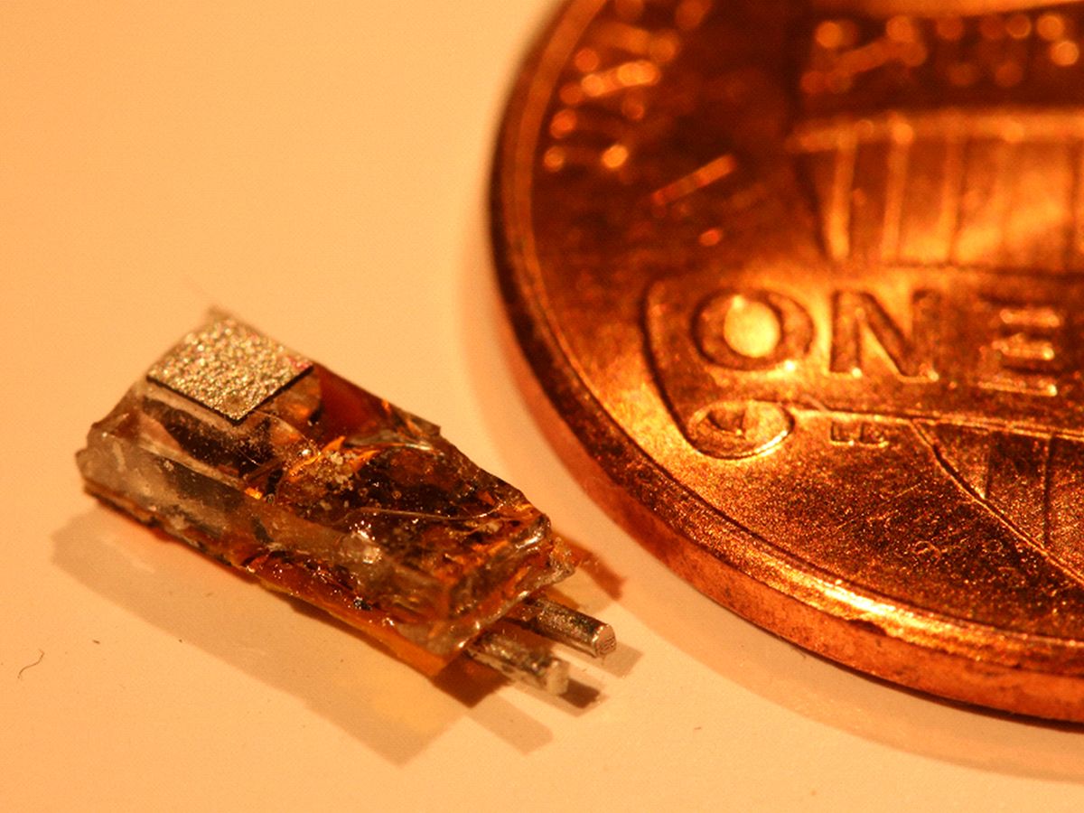 A millimeter-scale programmable nerve stimulator looks like a lumpy rectangle with two metal posts next to a much larger U.S. penny.