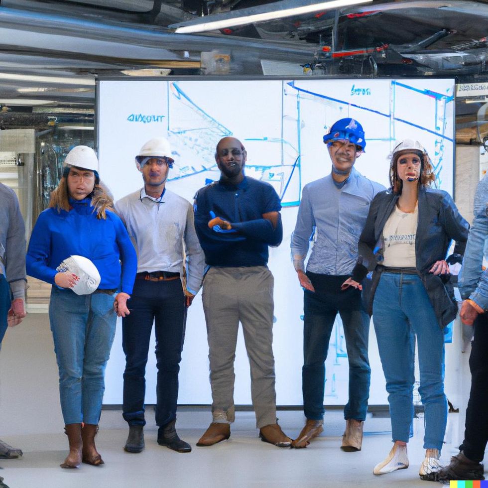 A mostly photorealistic image shows a line of people in business casual dress, some wearing or holding hard hats. The faces and hands of the people are distorted. They\u2019re standing in front of a whiteboard on what looks like a construction site.  