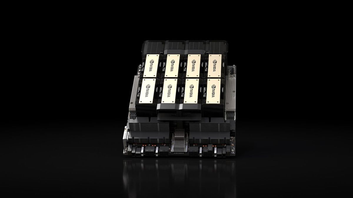 A multilayerd block of circuitry topped with 8 golden bars.
