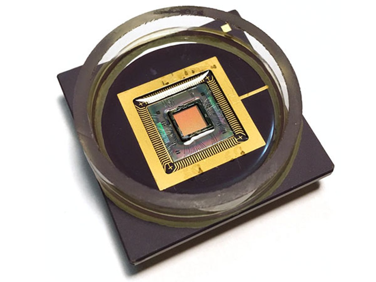 A nanoelectrode array and its CMOS control chip sit at the bottom of a shallow well where a network of cells will grow.