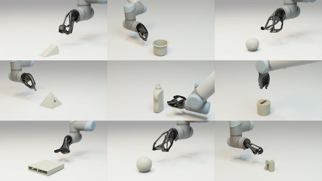 A nine panel gif showing animated robot arms picking up an assortment of objects using custom printed 3D grippers that exactly match each object