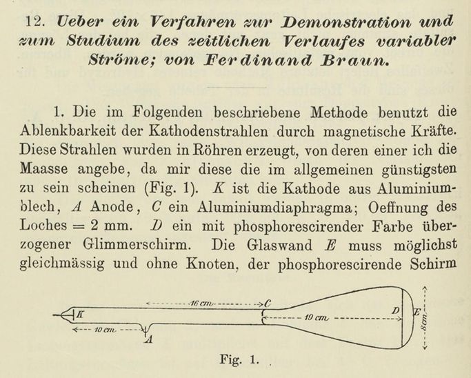 A page of scientific text in German with a simple line drawing of an early vacuum tube.