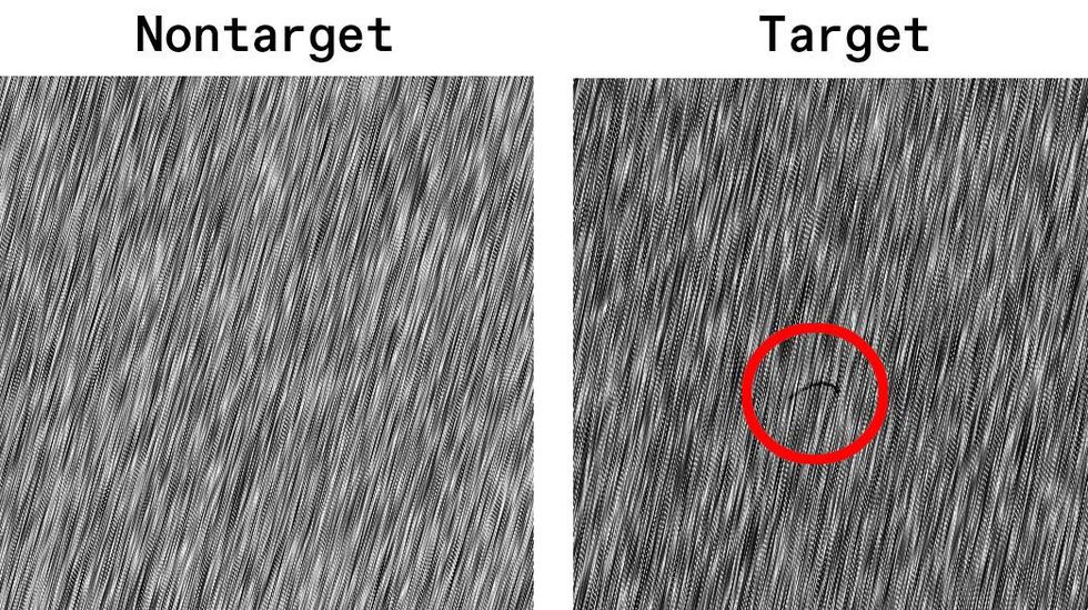 A pair of black and white images.  The left is labelled "non target" and the right is "target." there is a red circle around a black line on the right image.  