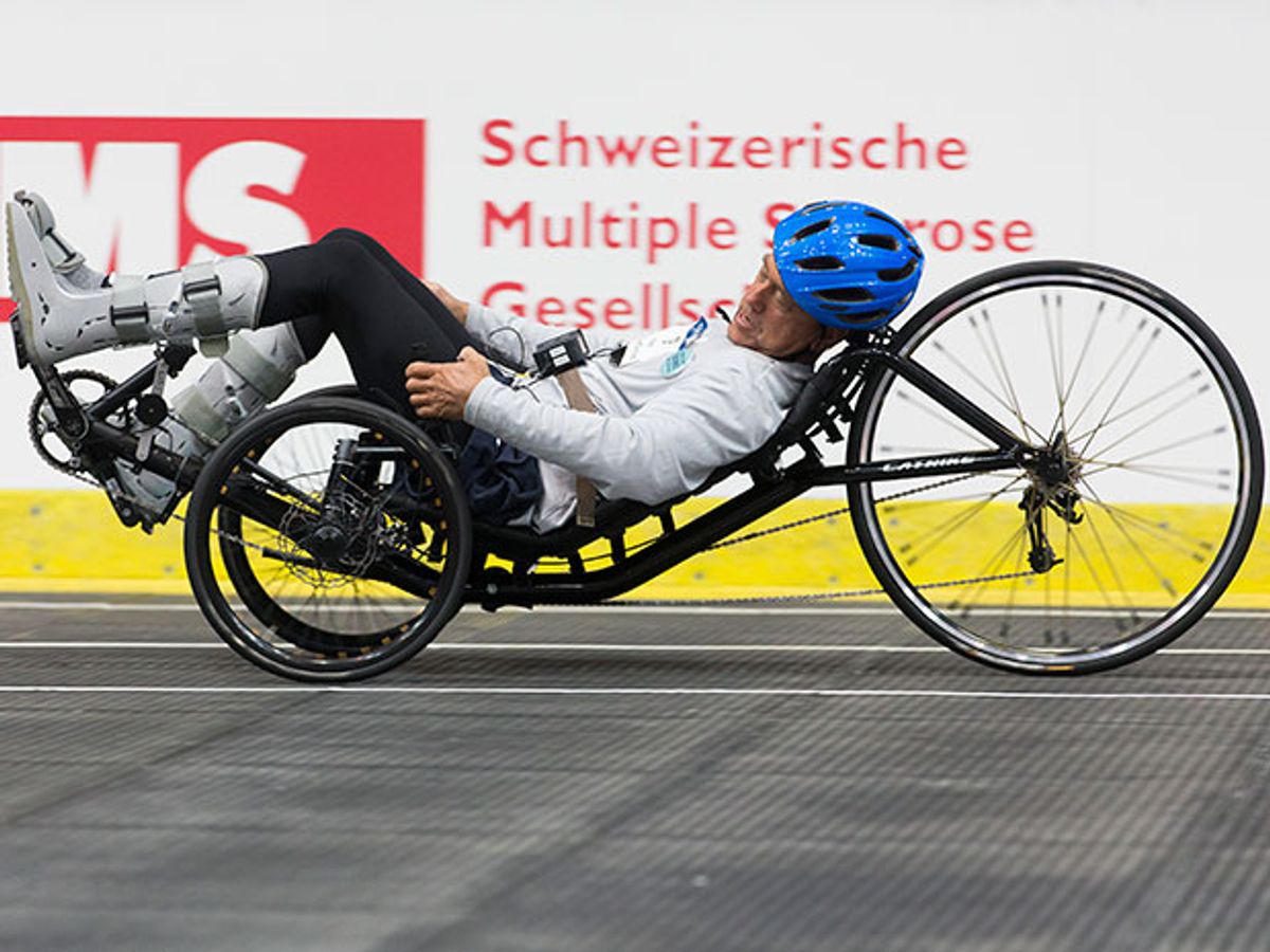 A paraplegic man competes in a bicycle race at the Cybathlon, the world's first cyborg Olympics.