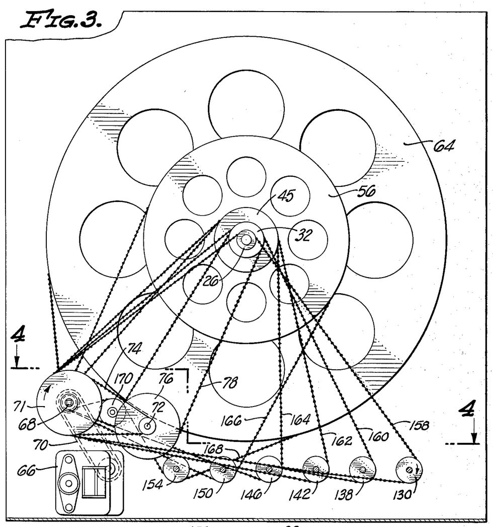 A patent drawing of an apparatus with interconnecting sprockets and shafts.