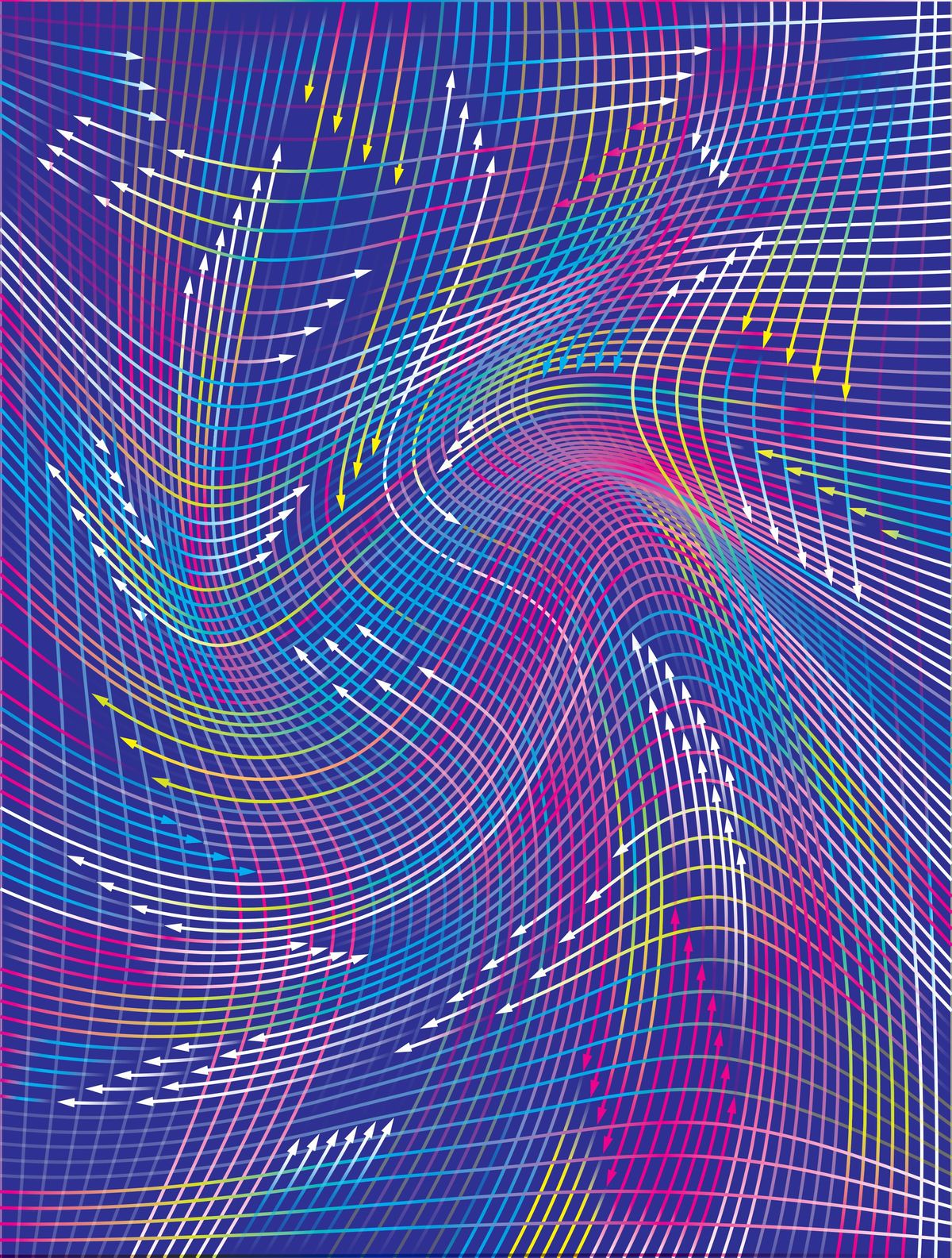 A pattern of wavy lines and arrows with a number of colors over a blue background