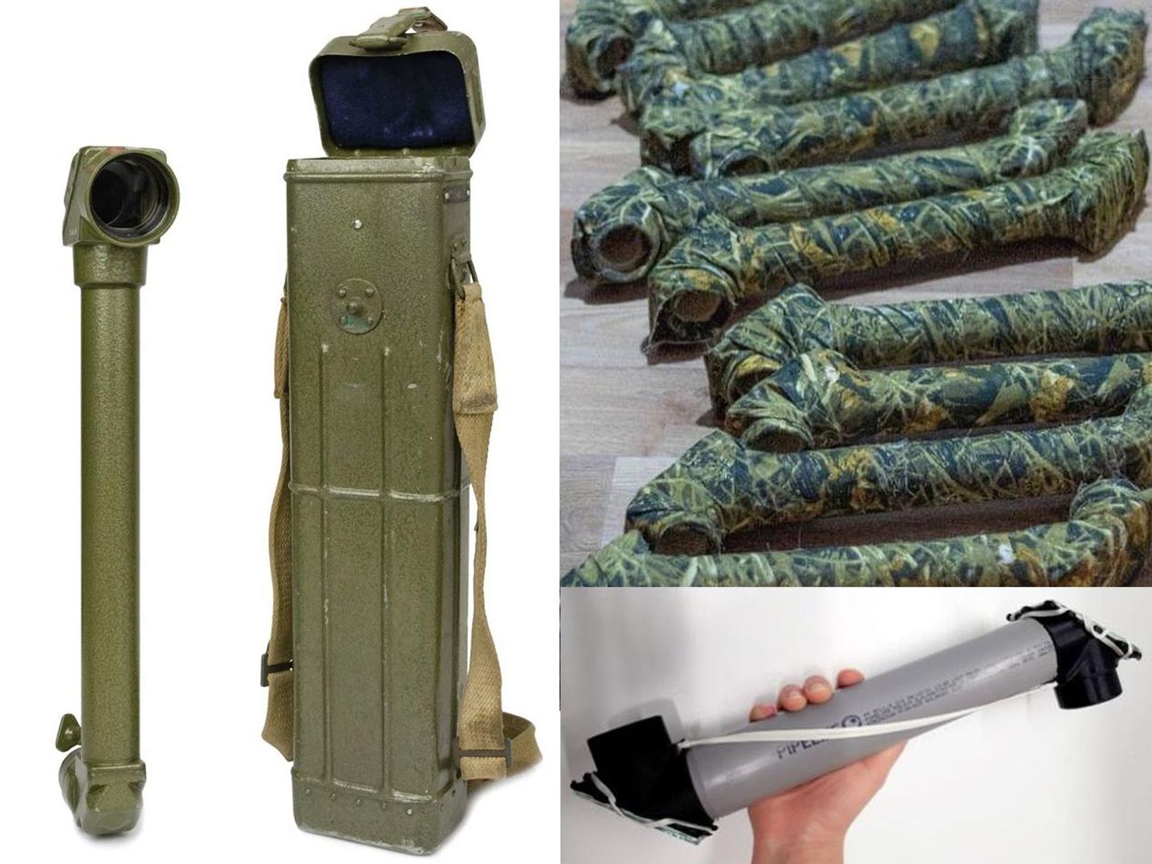 A periscope and case next to two photos showing printed versions, the top of which has camouflage material on it. 