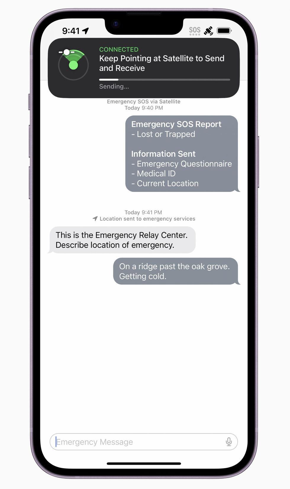 A phone screen display mockup. At the top of the screen, a black box says u201ckeep point at satellite to send and receiveu201d with a progress bar slightly filled below it. Below the box, a text message exchange gives more detailed instructions on how to use the service.