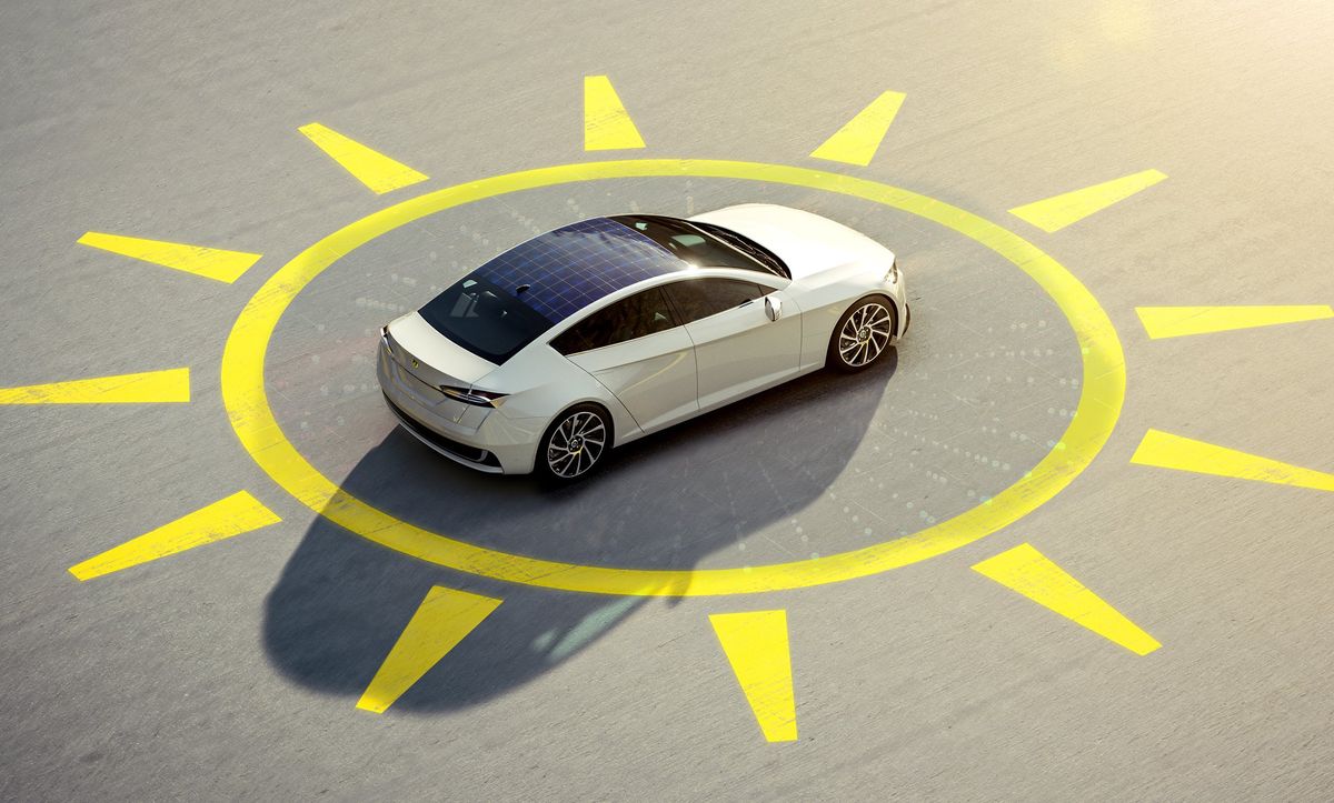 A photo-illustration of a car with solar panels on top moving in a symbol of the sun.