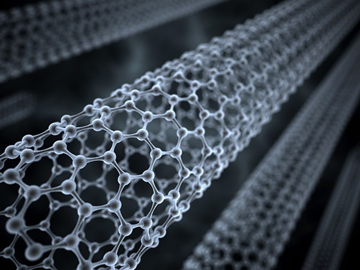 A photo illustration of a cylindrical carbon nanotube on a black background