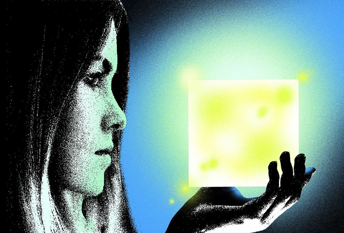 A photo illustration of a person looking at a glowing box in their hand.