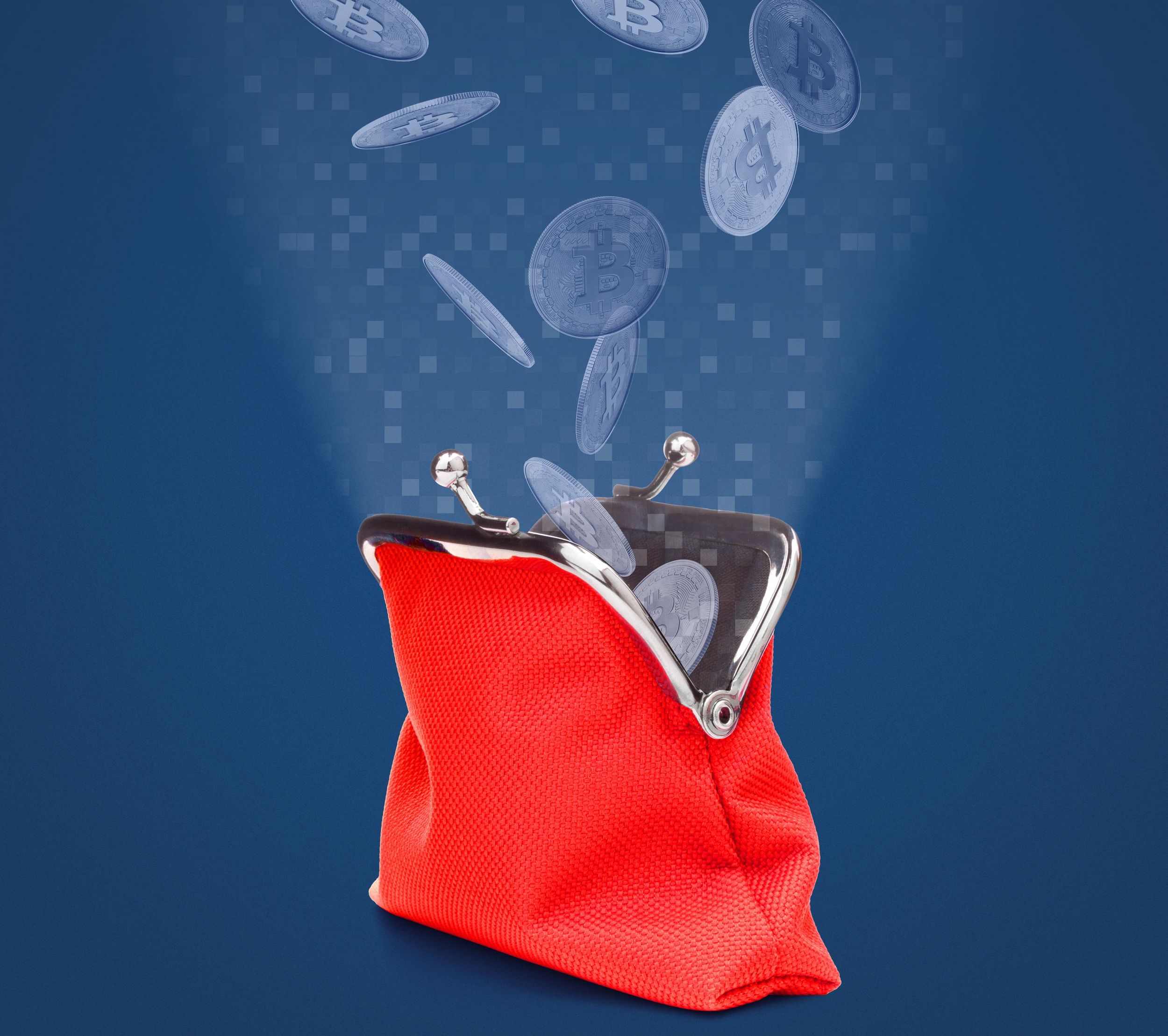 A photo illustration of a red coin purse with transparent bitcoin going into it.