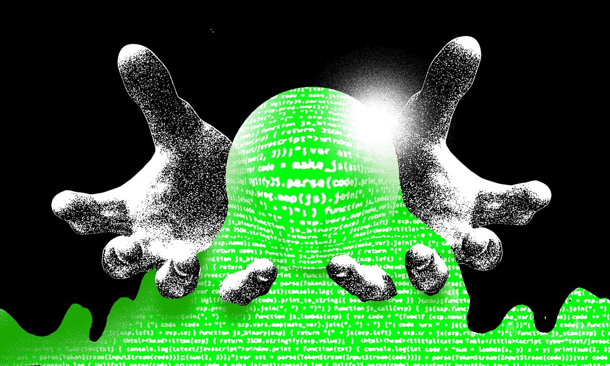 A photo-illustration of outstretched hands with blobby, running, oodles of green software code