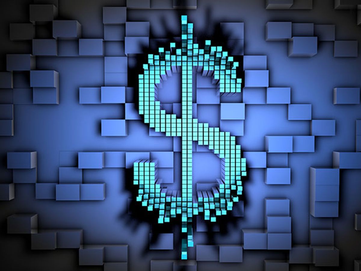 A photo illustration shows a money sign on a blue background.