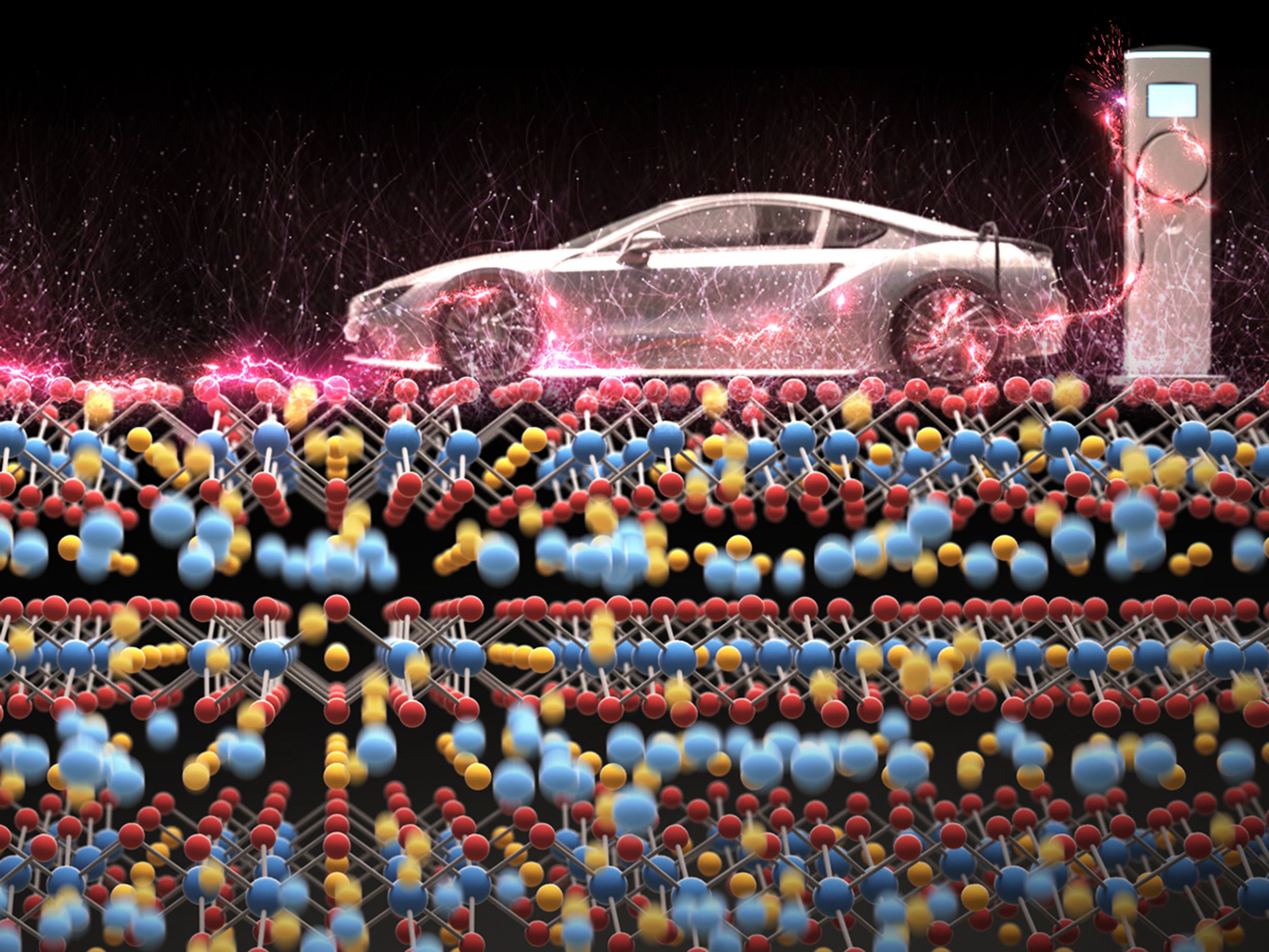 A photo illustration shows an electric car plugged into a charger sitting atop several rows of giant atoms on a black background. 