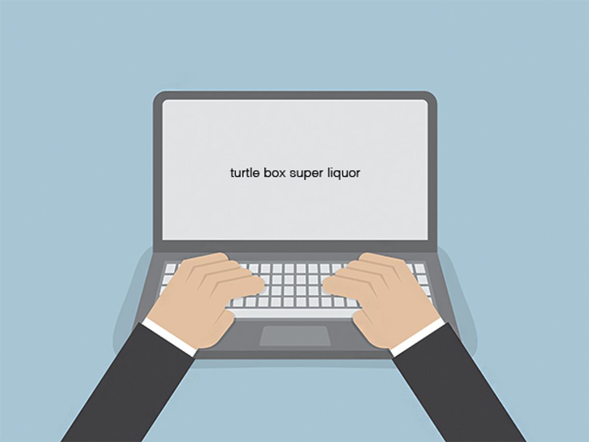 A photo illustration shows two hands resting on a keyboard of a laptop computer with the words 'turtle box super liquor' written on the screen as one example of a password.
