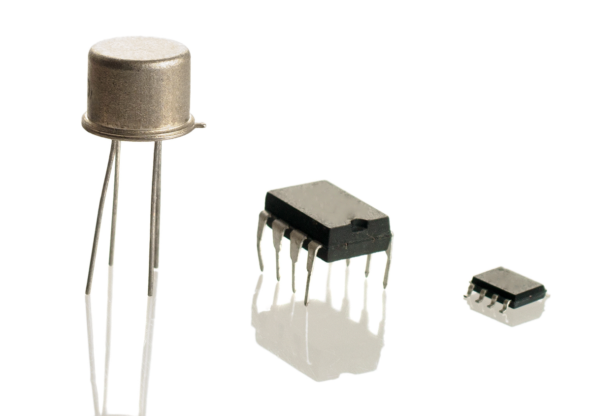 A photo of 3 different transistors.