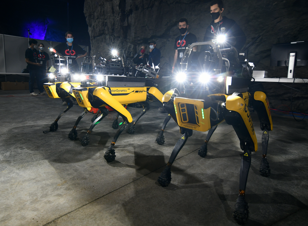 A photo of three yellow four-legged robots lined up with their lights on in a dimmer area 