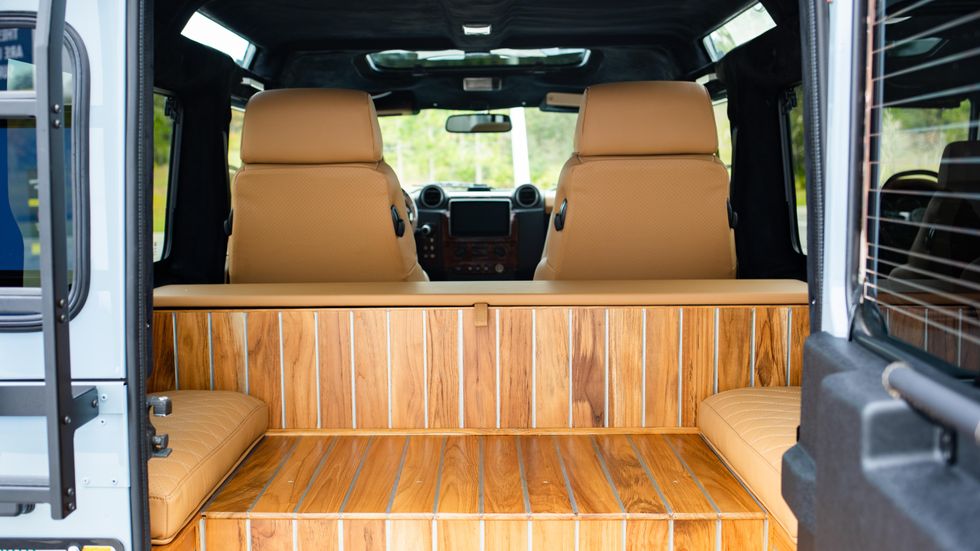 A photo showing wood paneling in the rear of the interior.