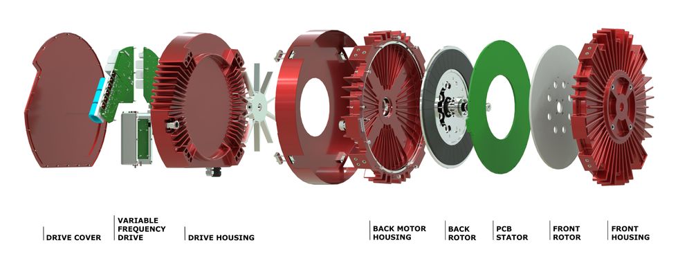 A photo shows 10 separated components of the axial flux motor in the order in which they appear in the finished motor.