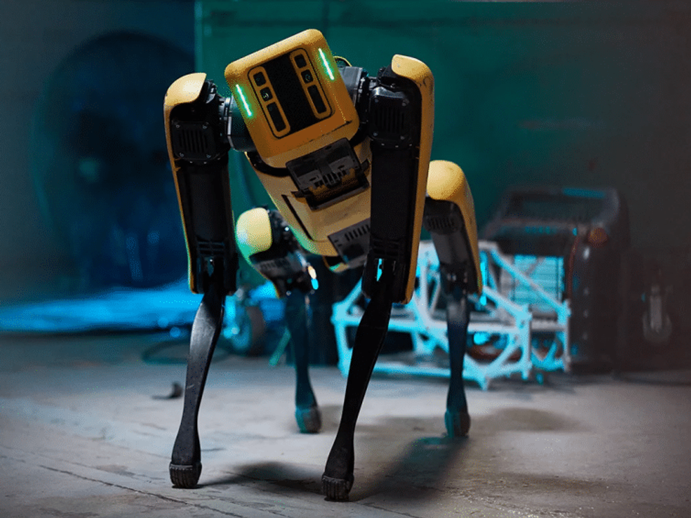 A photograph of a yellow and black robotic dog.