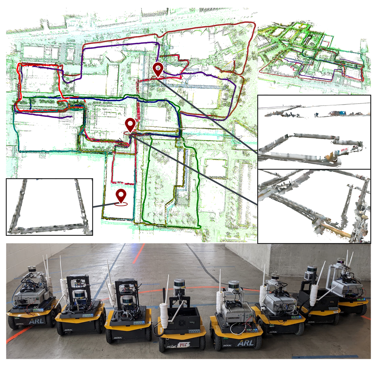 A photograph showing eight small wheeled yellow robots with sensors on them along with a graphic showing a map created by those robots.