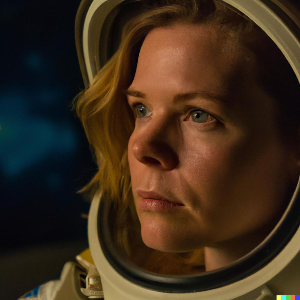 A photorealistic image shows a woman in a spacesuit with a wistful expression on her face.