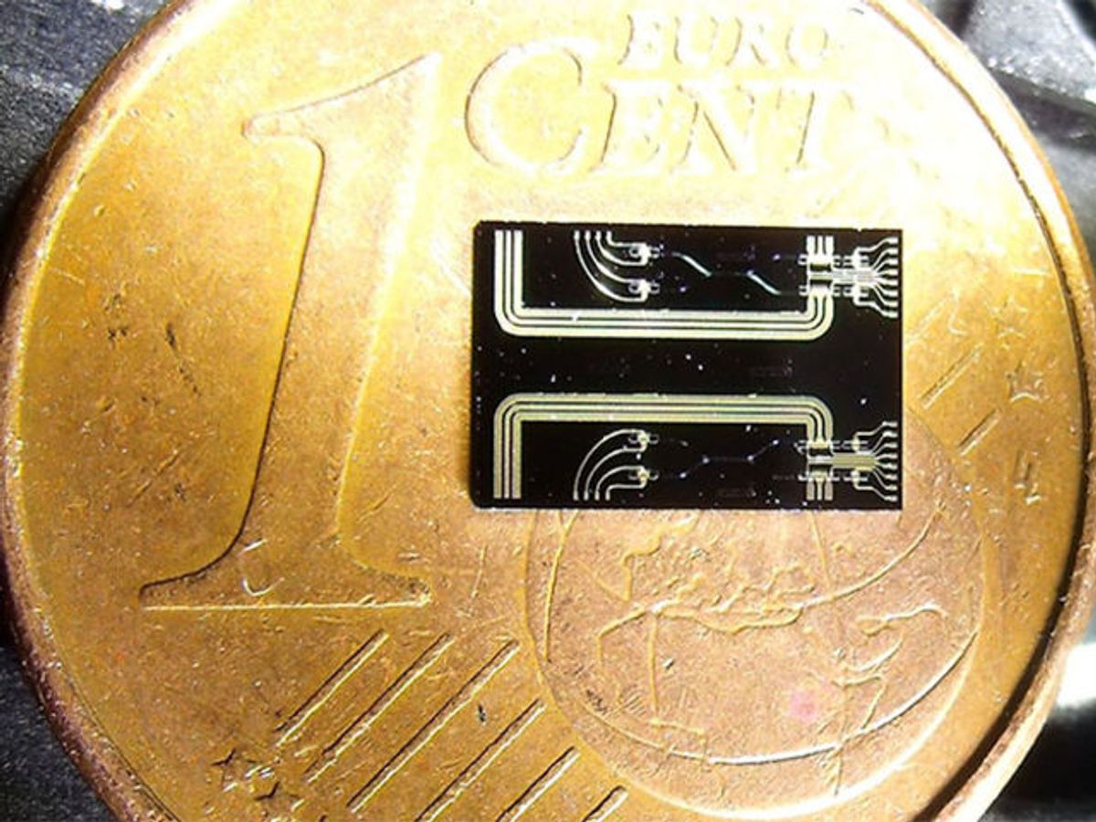 A picture of the 6 mm x 2 mm photonic integrated circuit chip, containing two quantum random number generators