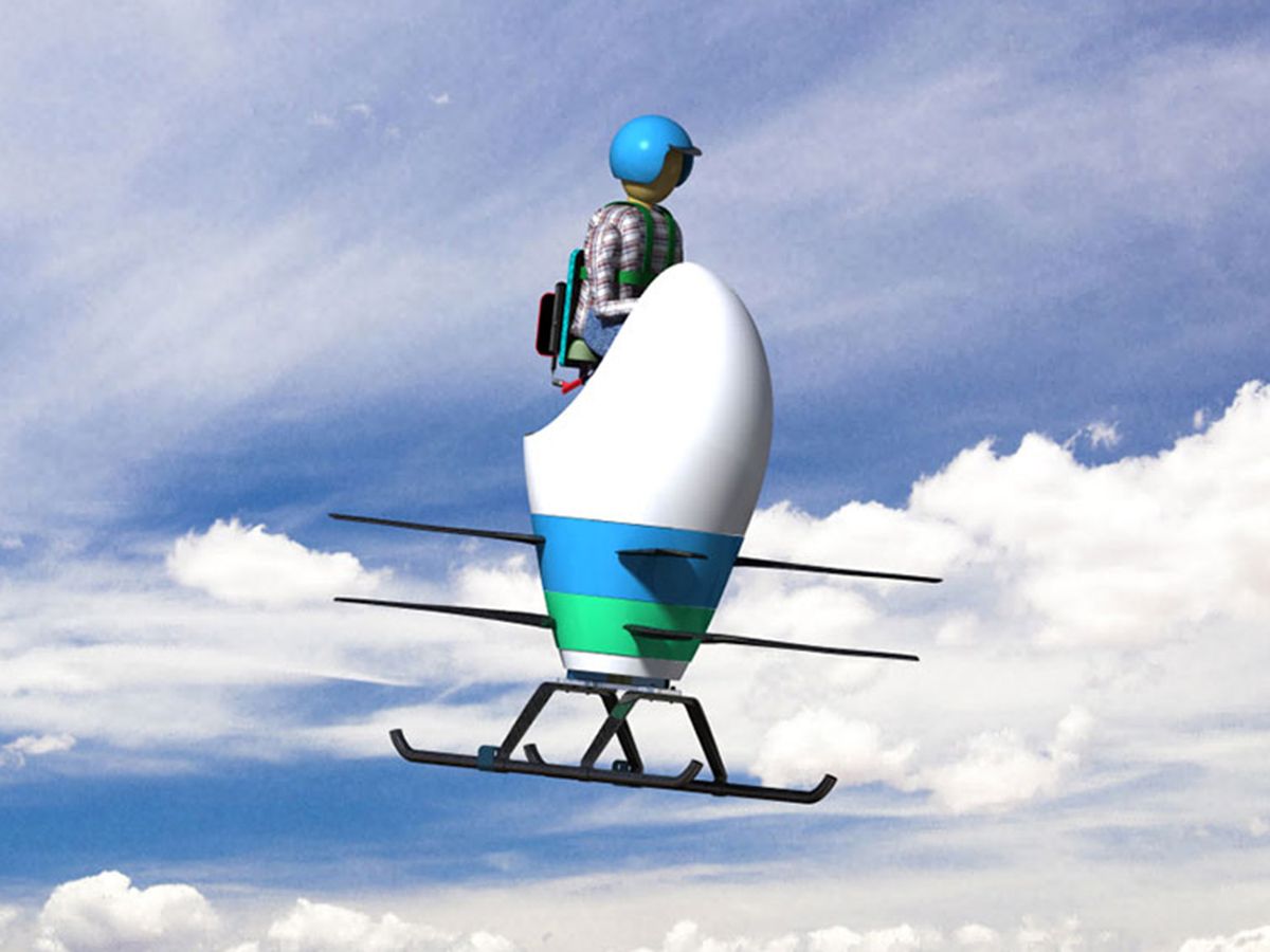 A pilot wearing a helmet steers an egg-shaped personal flying vehicle across the sky.