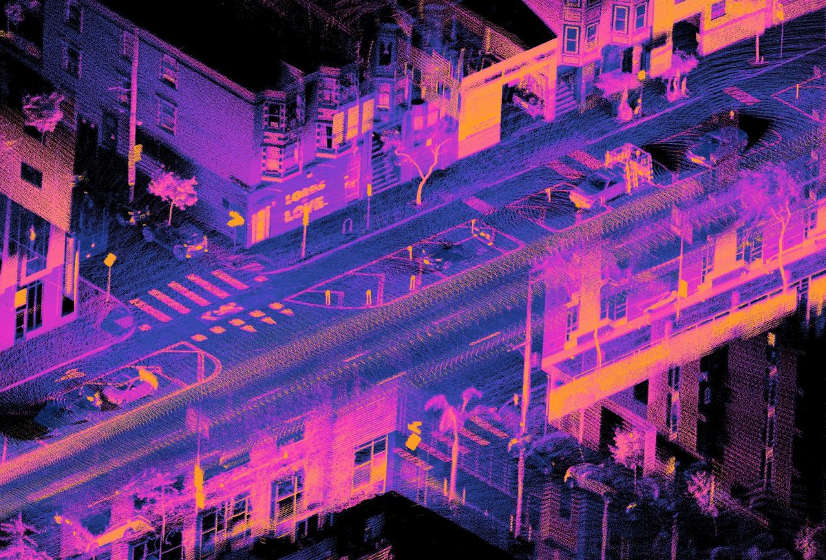 A pink, purple and orange LiDAR point cloud image taken from an aerial view of an intersection in a city.
