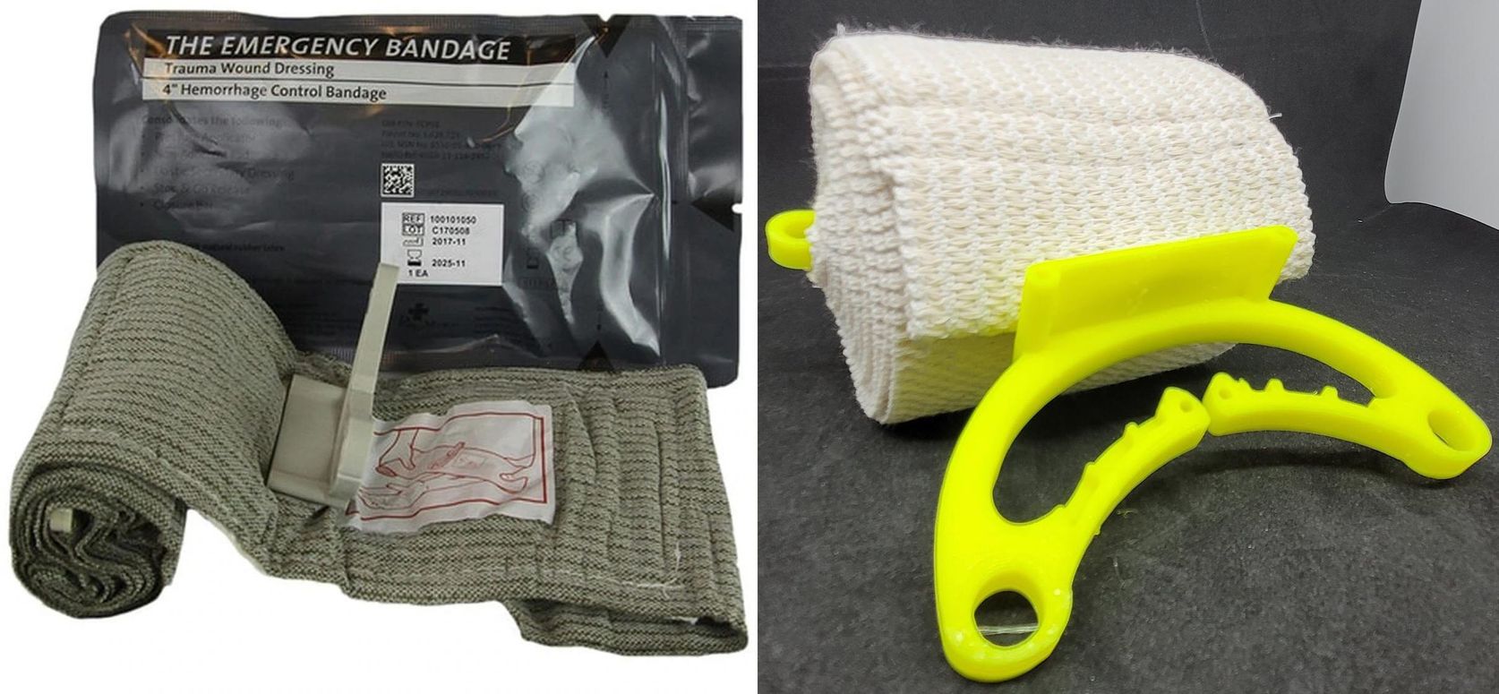 A product photo of a green bandage compared to a bright yellow printed bandage holder.