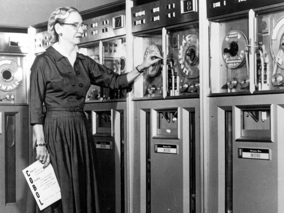 A publicity shot of Grace Hopper advertising the Common Business Oriented Language (COBOL), a more user-friendly computer language, 1952.