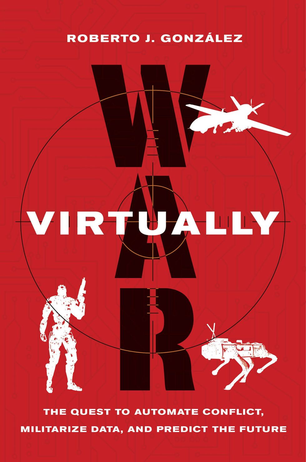 A red book cover shows the crosshairs of a target surrounded by images of robots and drones.
