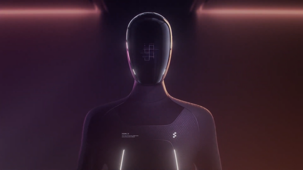 A rendering of a black humanoid robot from the torso up showing a black faceplate that can also display information