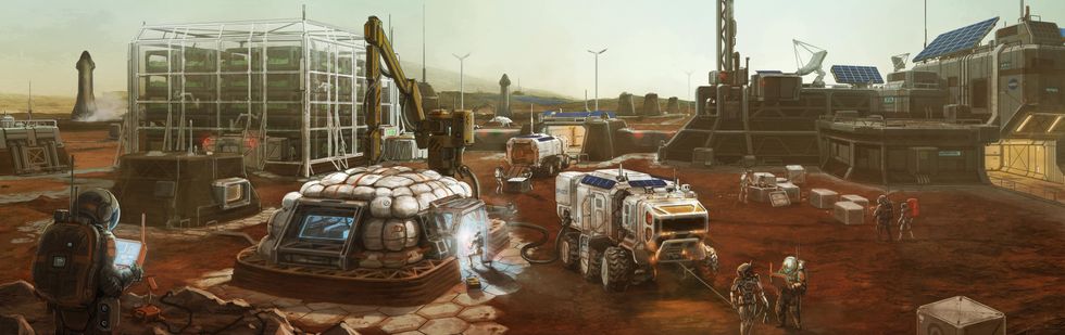 A rendering of a busy construction site on Mars with humans and humanoid robots working together.