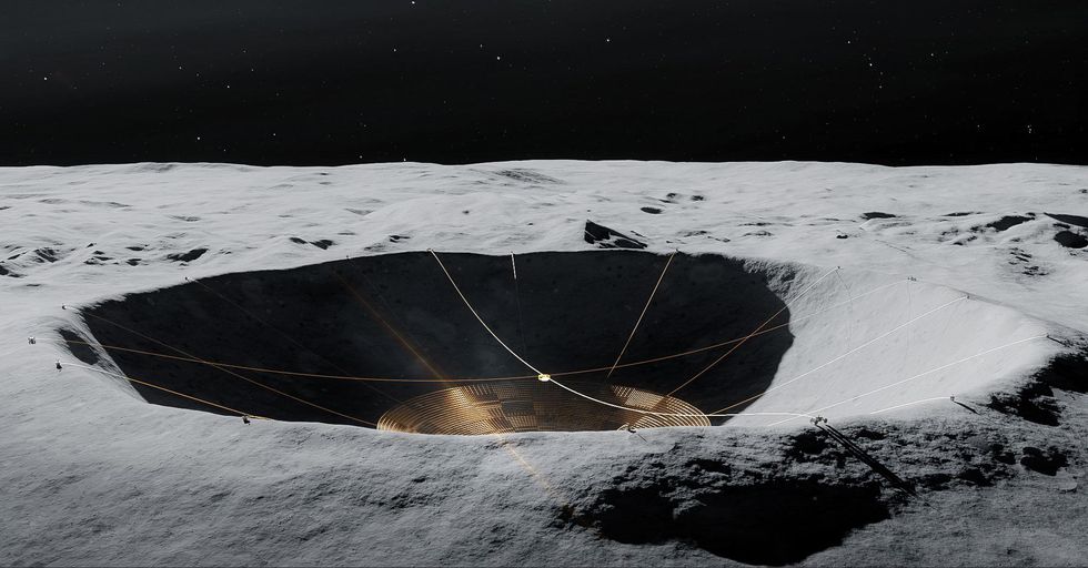 A rendering of a crater on the moonu2019s surface, with a thin metallic surface on the crater floor and wires strung across it.