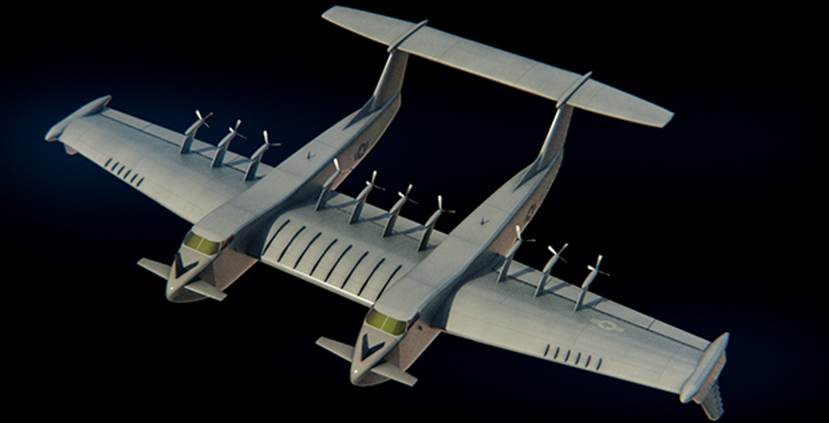 A rendering of a grey seaplane with twin fuselages and backwards-facing propellers