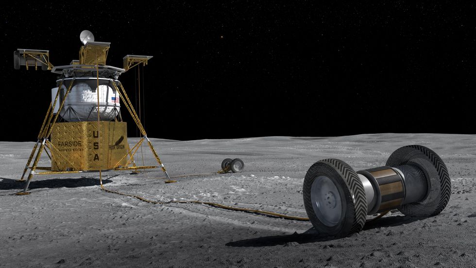 A rendering of a lander on the moon's surface with two wheeled contraptions deploying thin strips of material from it.