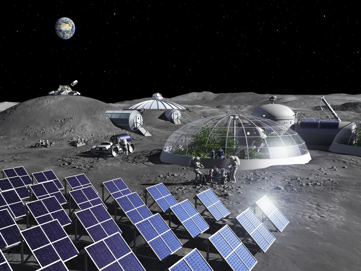 A rendering of a lunar base. In the foreground are rows of solar panels and behind them are two astronauts standing in front of a glass dome with plants inside.