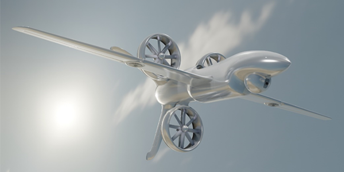 a rendering of a silvery fixed wing drone with three ducted fan propellers arranged in a triangle at its tail