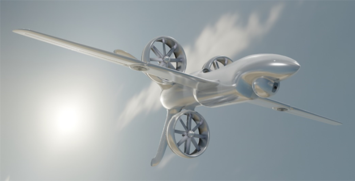 A rendering of a silvery fixed-wing drone with three ducted fan propellers arranged in a triangle at its tail