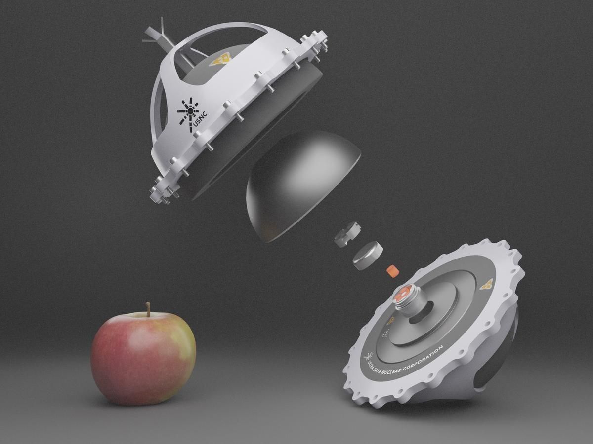 A rendering of an apple next to an exploded-view diagram of a white and grey sphere with a small orange cylinder at its center
