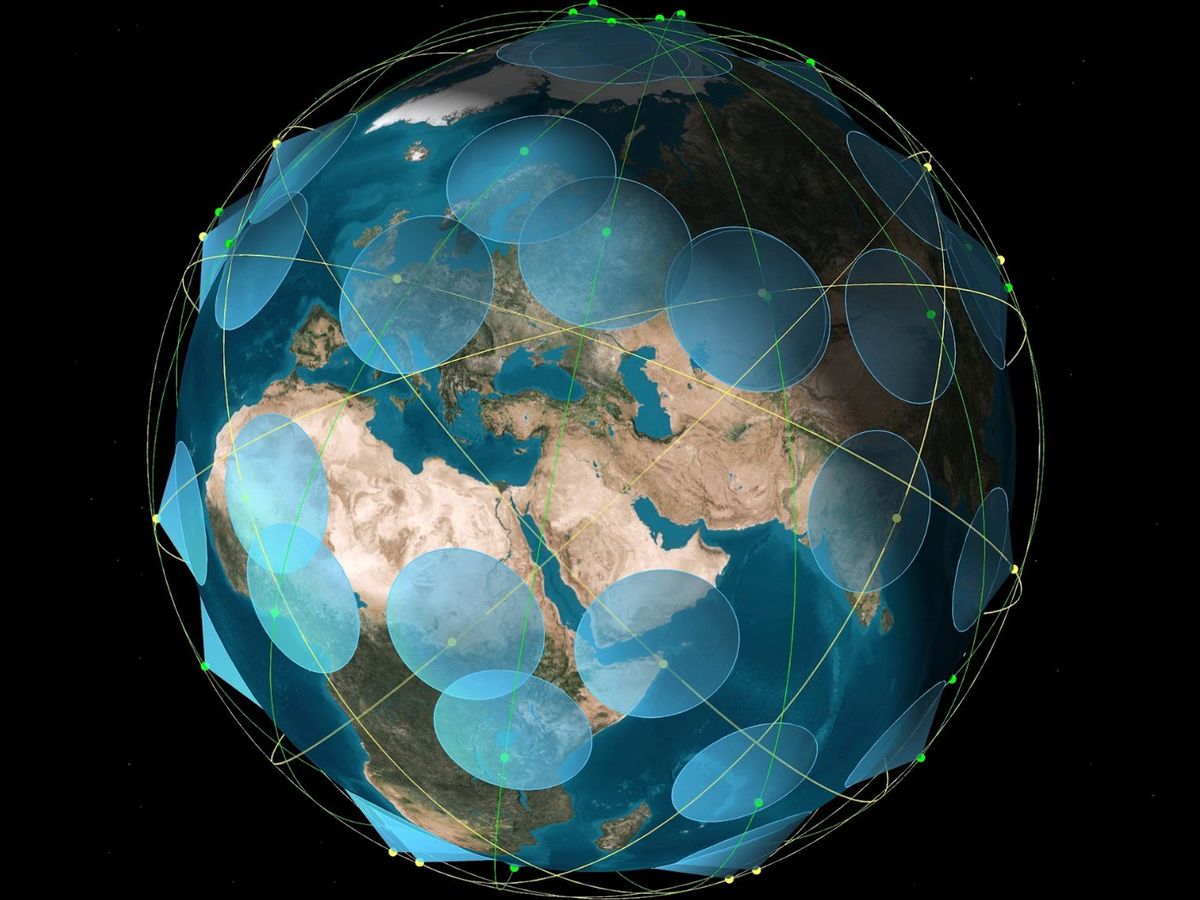 a rendering of the earth covered in blue circles and criss-crossing green lines