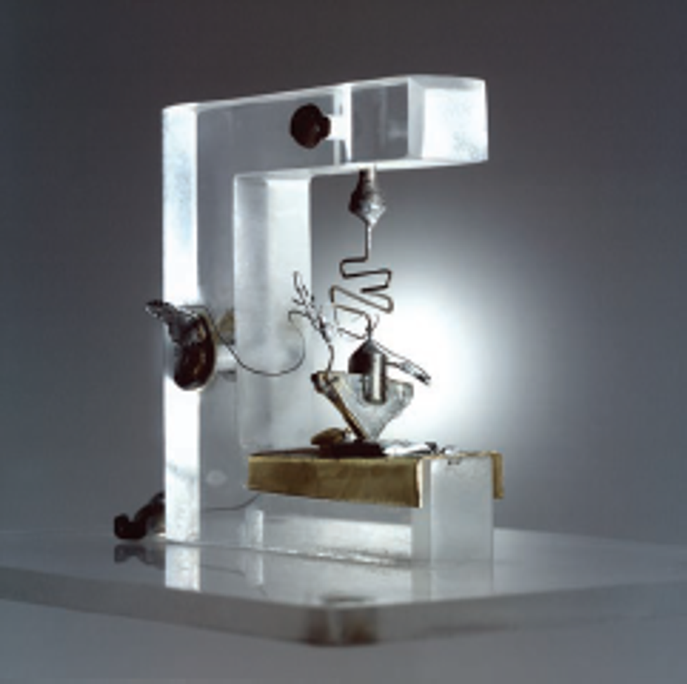 A replica of Bell Labs\u2019 first point-contact transistor.