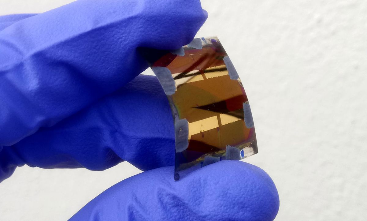 A researcher holds a curved piece of ultra-thin flexible glass with perovskite solar cells.