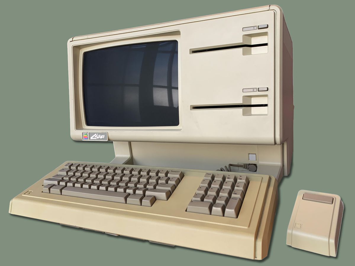 A retro desktop computer with the Apple logo and name Lisa sits next to a computer mouse on a green background.