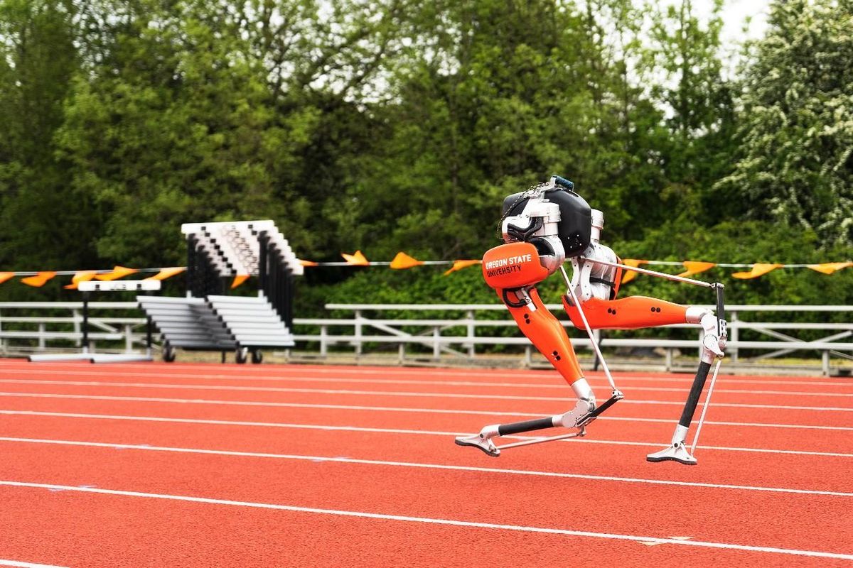 A robot with two orange ostrich-like legs and no torso sprints along a running track